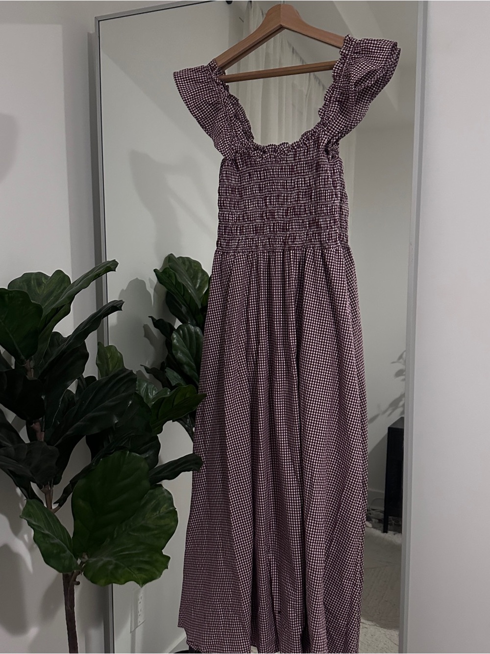 Faithfull the Brand Burgundy Gingham Smocked Maxi